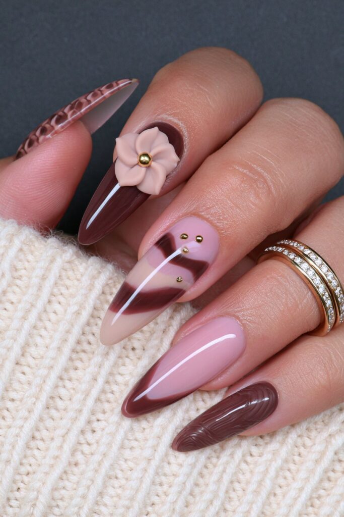 Warm chocolate brown almond nails