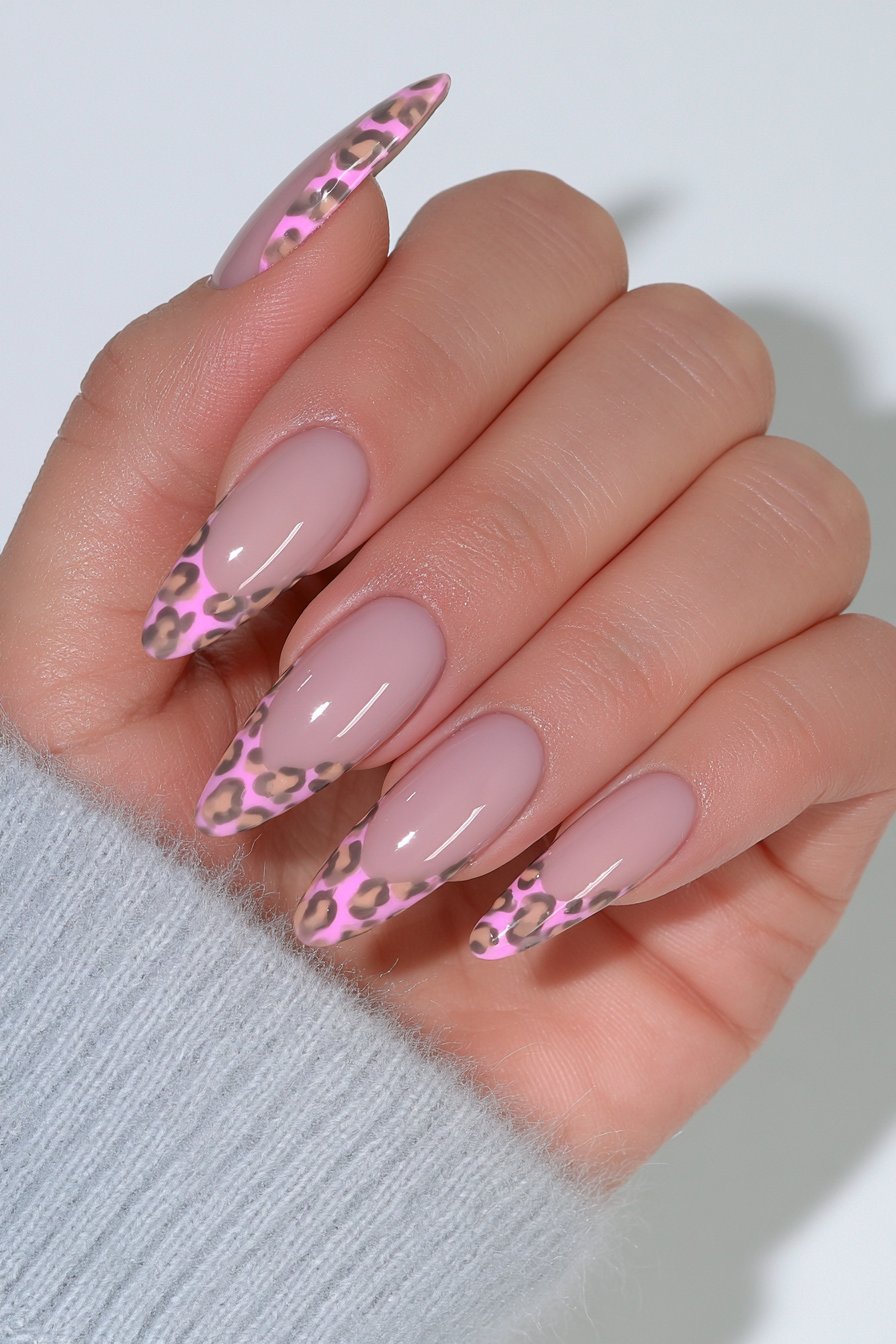 Warm Greige Animal Print Almond Nails