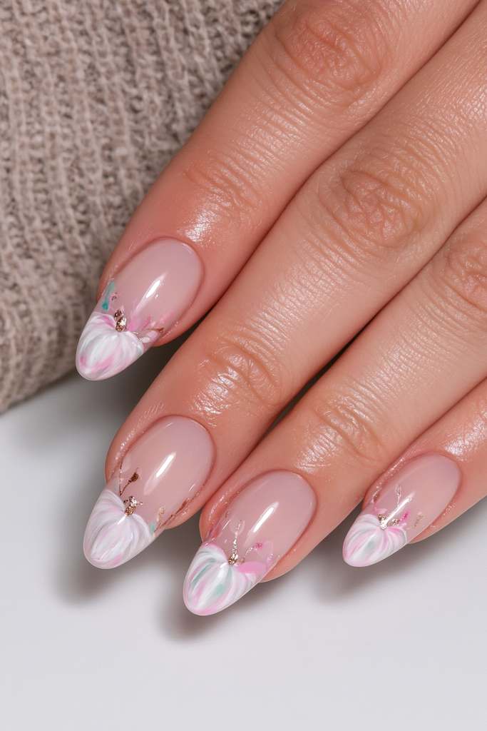 White pumpkin nails decorated with delicate gold leaf accents