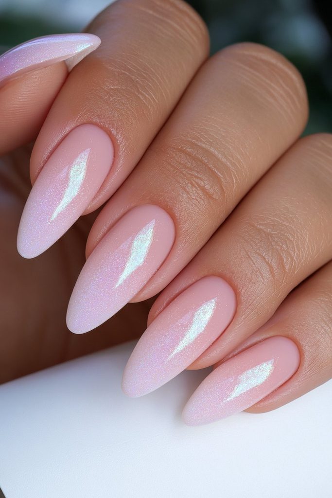 White velvet bridal nails with soft pearly magnetic glow
