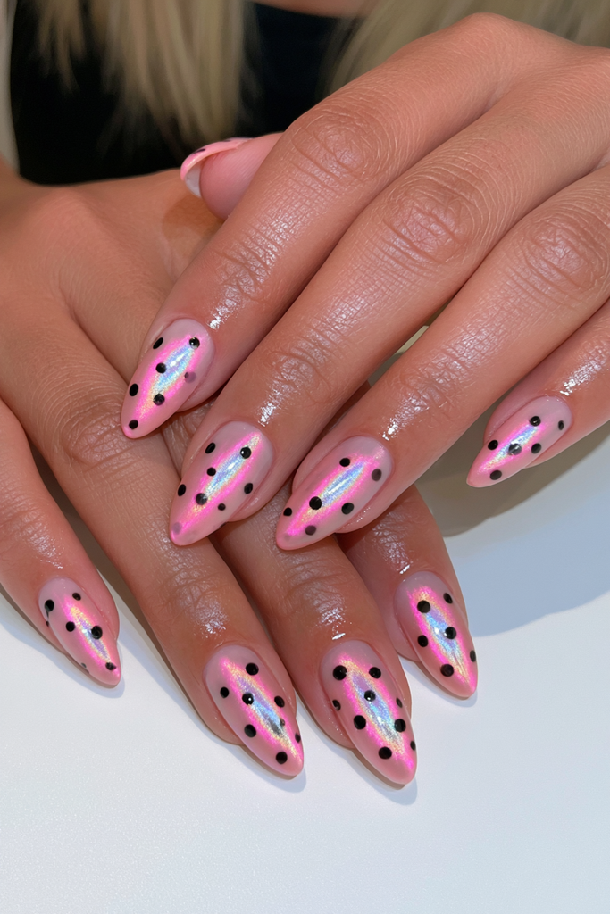 Blush pink cat-eye white dot nails