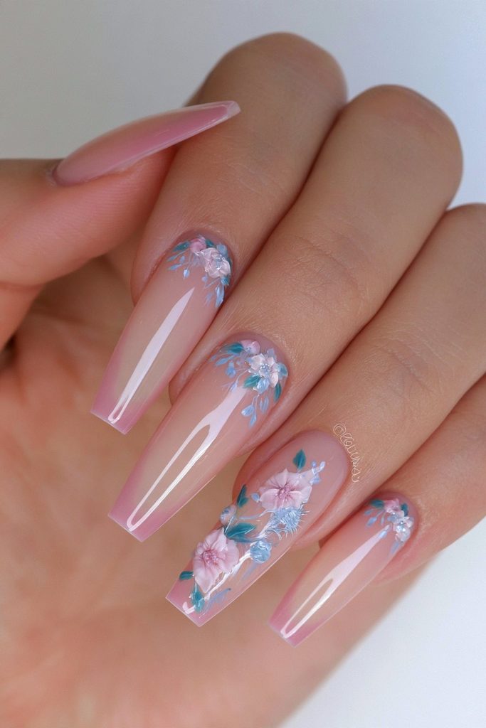 Coffin nails featuring dimensional botanical flowers and leaf details