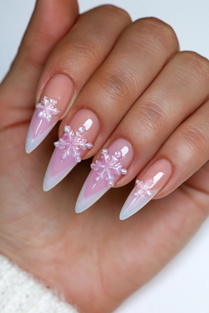 3D snowflake nails with raised acrylic or gel detailing