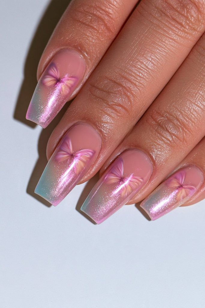 Airbrushed butterfly ombré coffin nails with sparkling glitter details