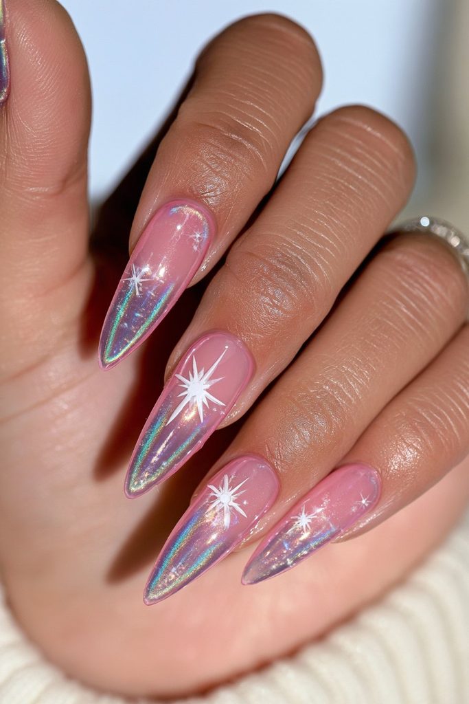 Aurora borealis nails with colorful glowing snowflake accents and shimmer