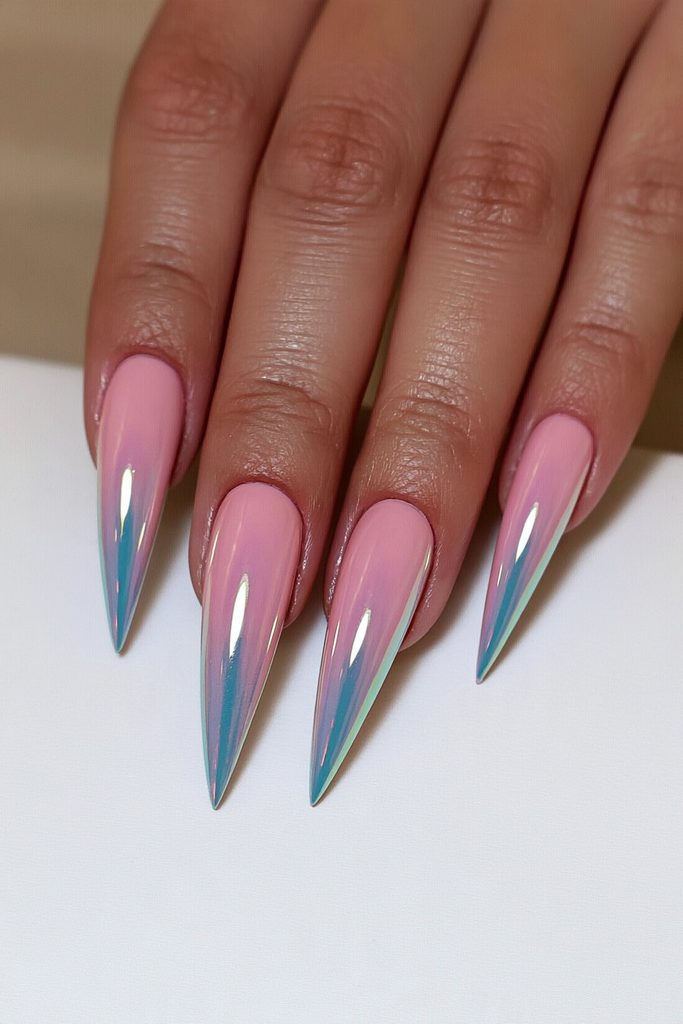 Aurora chrome stiletto nails with iridescent reflective glow