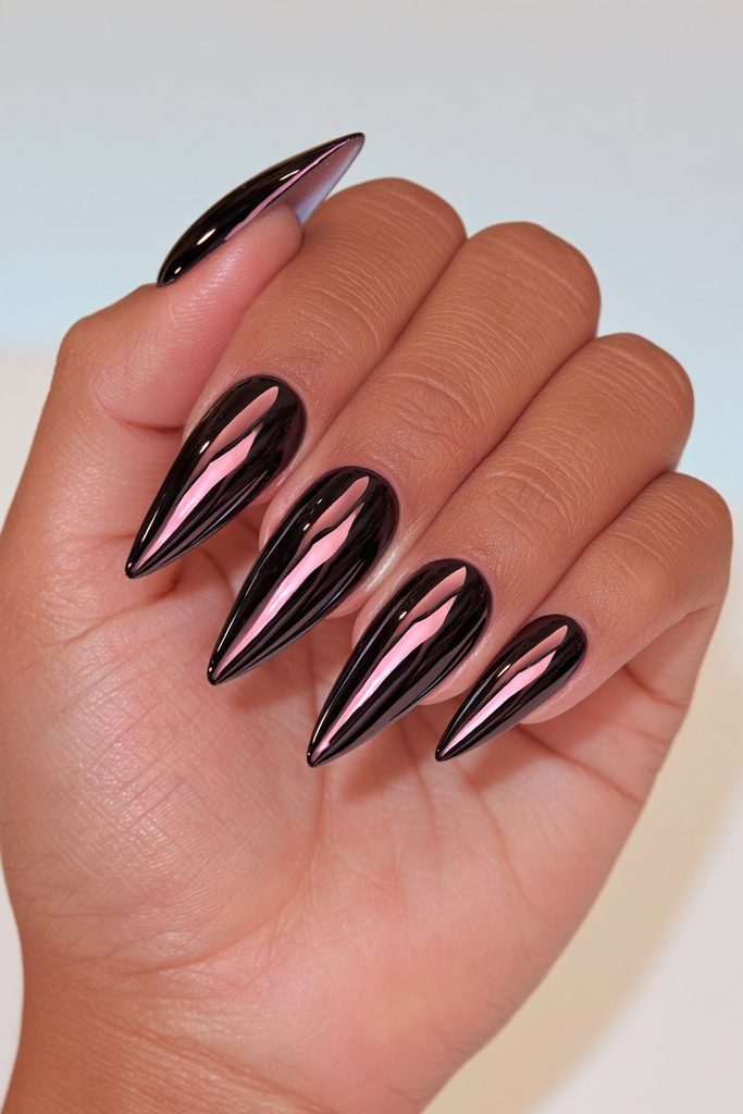 Black chrome mirror almond nails