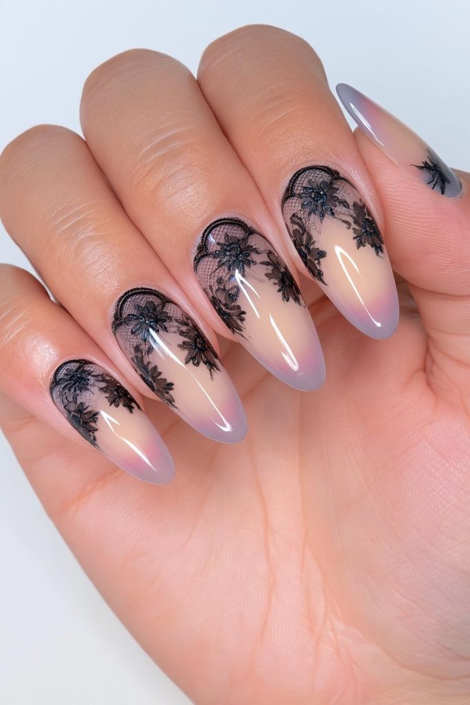 Black lace overlay almond nails