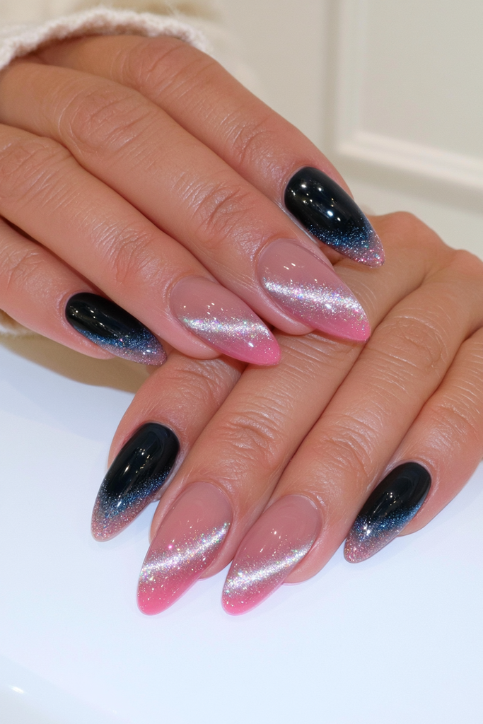 Black velvet cat-eye nails with dramatic magnetic glow