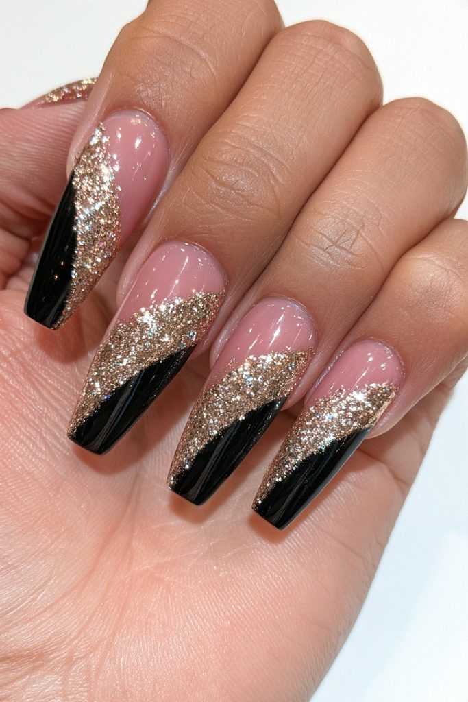 Black and gold glitter nails