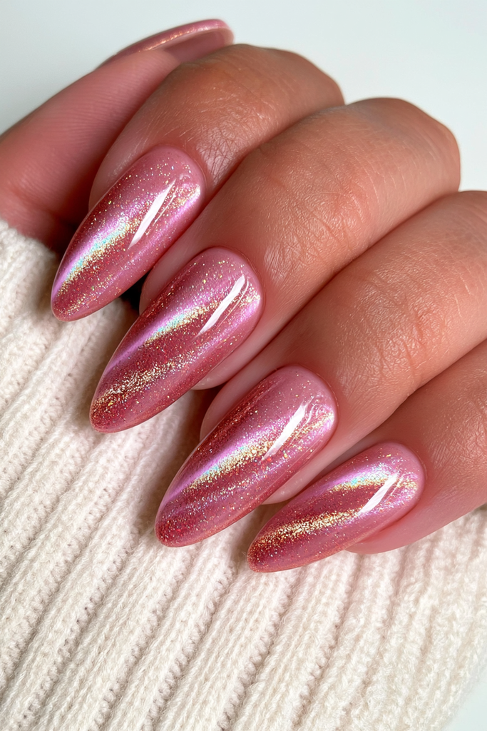Burgundy plum cat-eye almond nails with rich magnetic depth