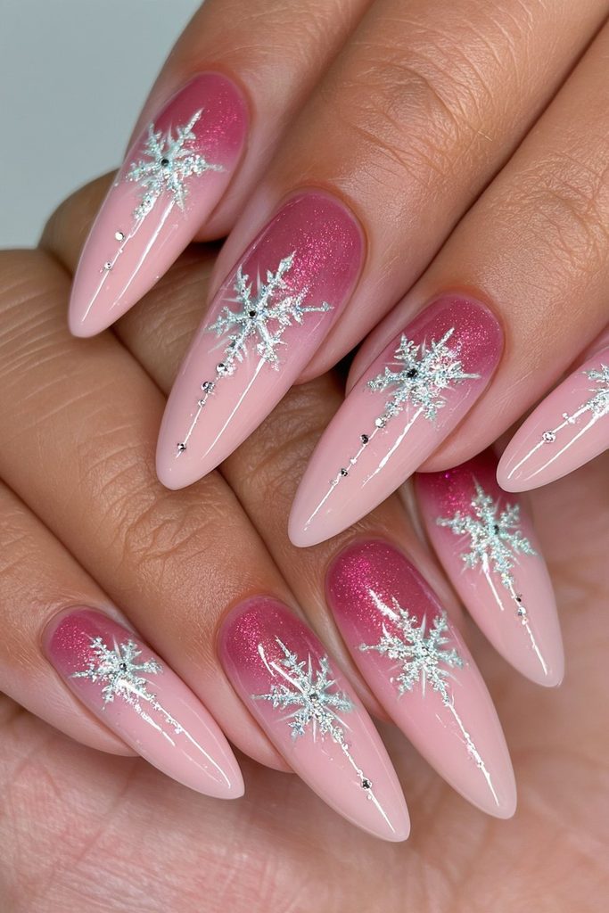 20 Glamorous Snowflake Nail Ideas to Sparkle Through Winter 16 Burgundy snowflake glam nails