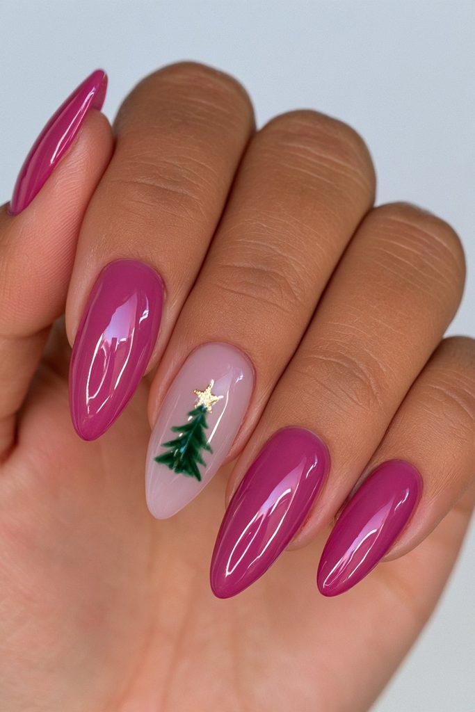 Burgundy Christmas tree accent nails