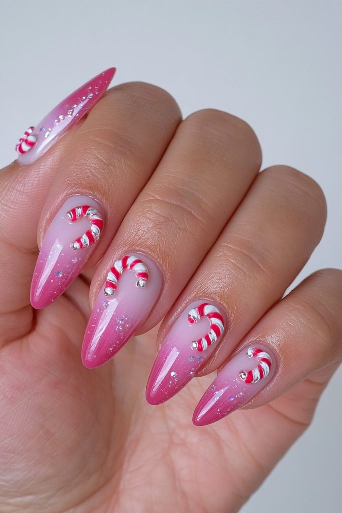 20 Candy Cane Nail Designs for Easy, Festive DIY Manicures 20 Candy cane charm Christmas nails