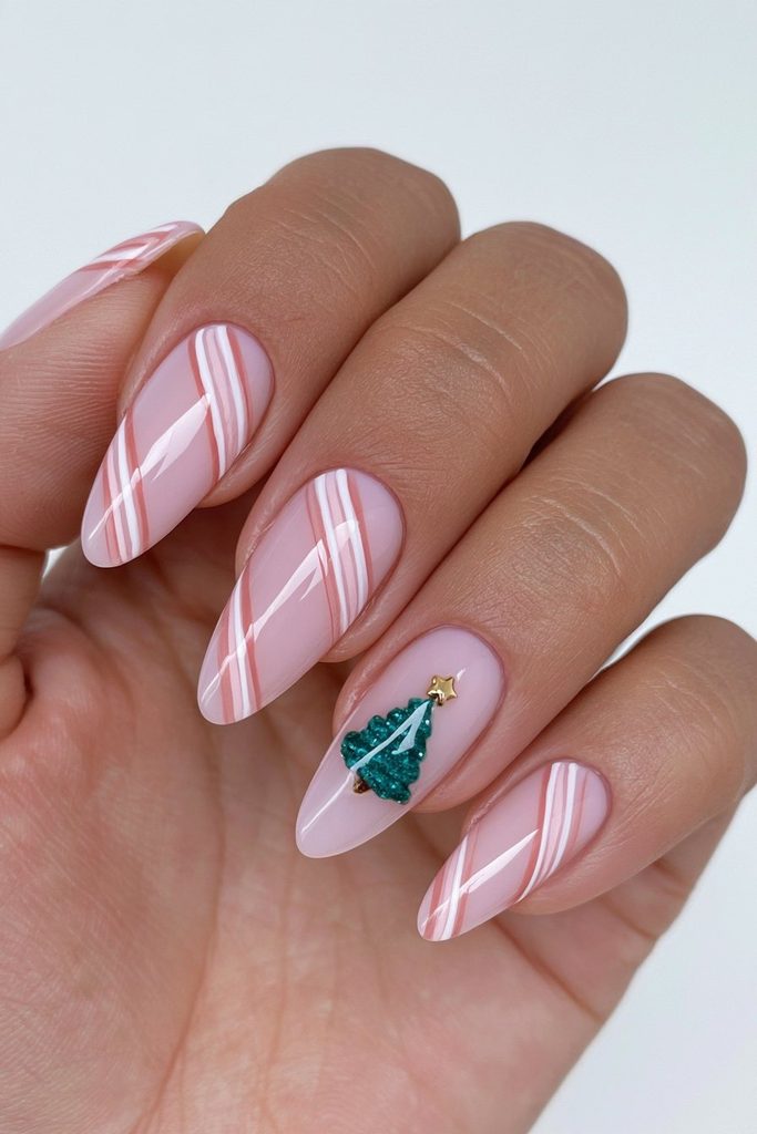 Candy cane Christmas tree nails