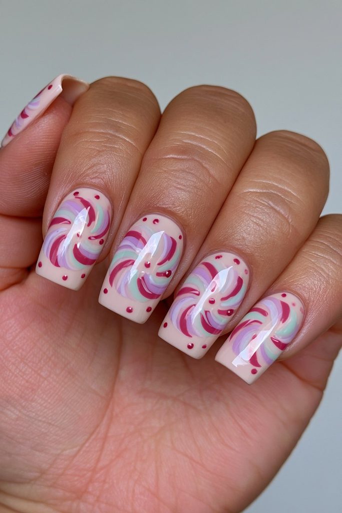20 Candy Cane Nail Designs for Easy, Festive DIY Manicures 10 Candy cane swirl dot nails