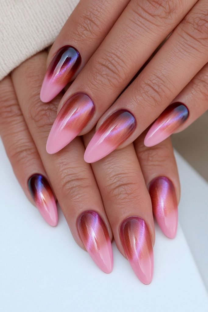 Cat-eye ombré nails with seamless glowing magnetic color transitions