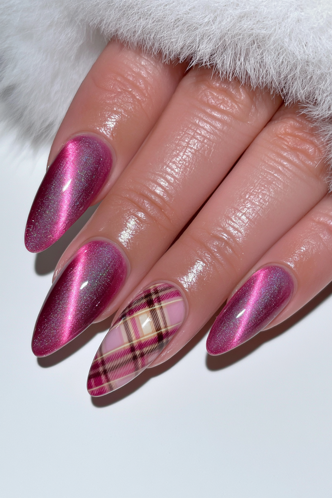Cat-eye almond nails with stylish plaid accent details