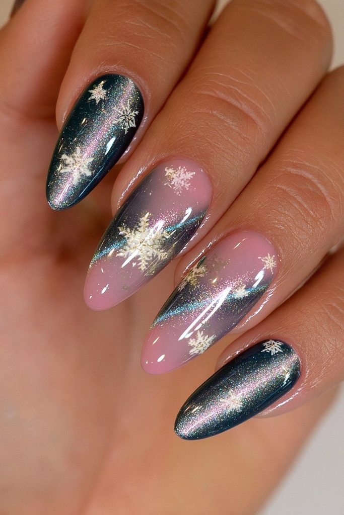 20 Glamorous Snowflake Nail Ideas to Sparkle Through Winter 8 Cat-eye shimmer snowflake nail design
