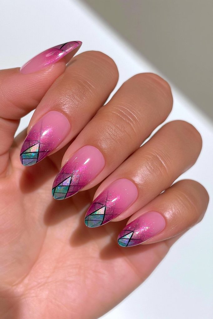 Cathedral stained-glass mosaic almond nails