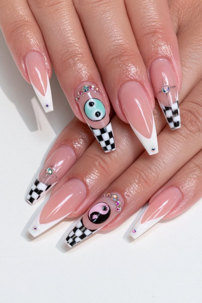 Coffin nails mixing checkerboard and yin-yang graphic print designs