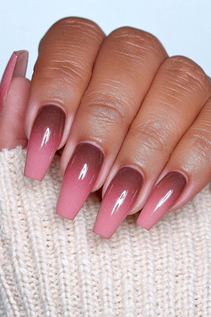 Chocolate and terracotta ombré coffin nails with warm blending
