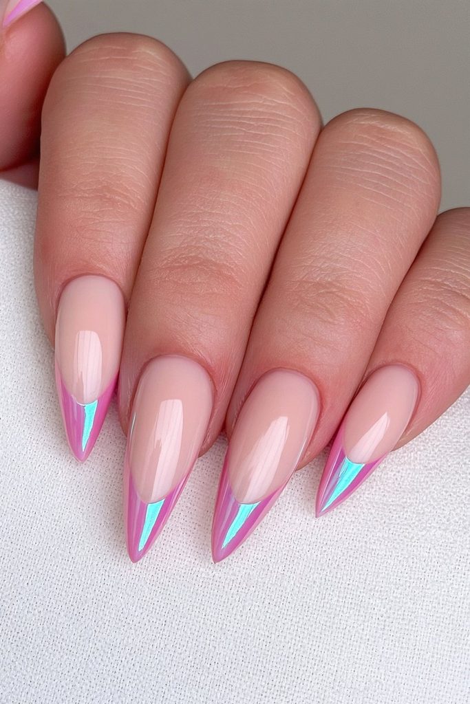 Stiletto nails with reflective chrome French tip accents