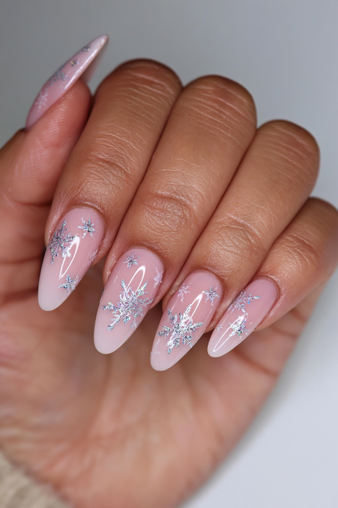 20 Glamorous Snowflake Nail Ideas to Sparkle Through Winter 1 Chrome snowflake flurries on elegant nails