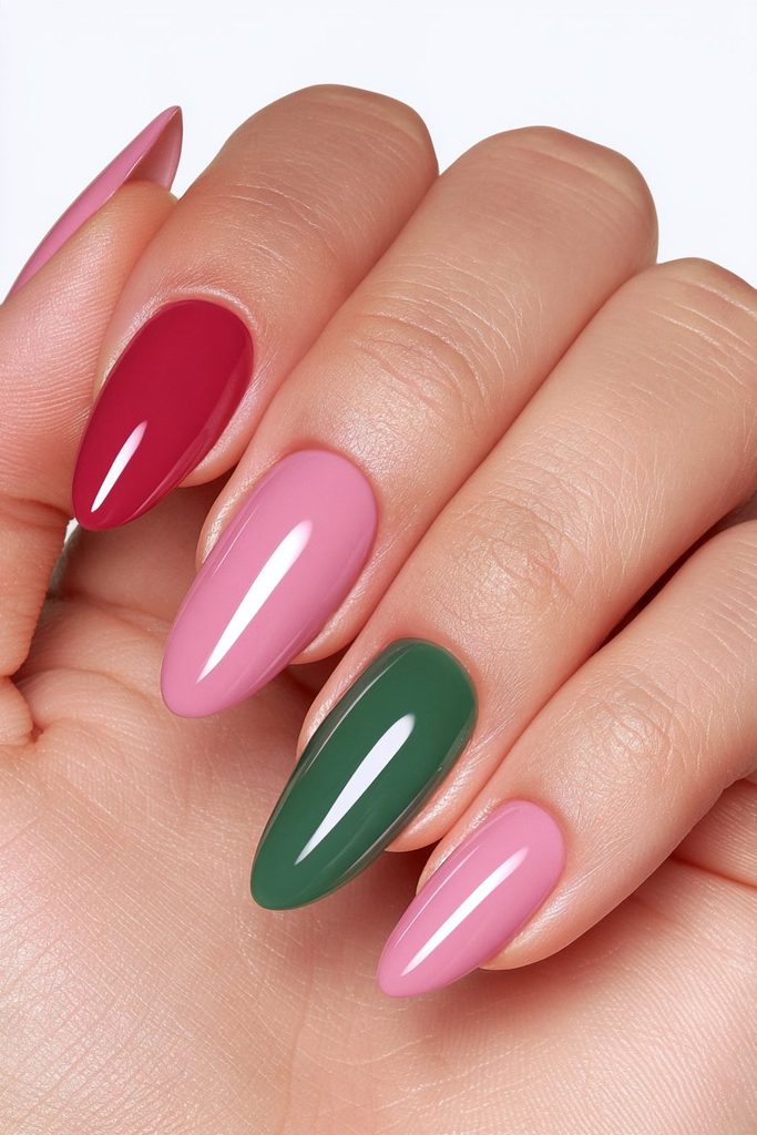 Glossy red and green Christmas manicure