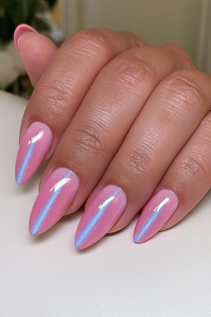 Cobalt blue cat-eye almond nails with luminous magnetic glow