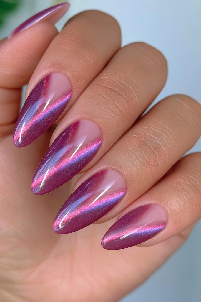 25 Cranberry Nail Ideas for a Rich, On-Trend Manicure 2 Shimmering cranberry cat eye nails