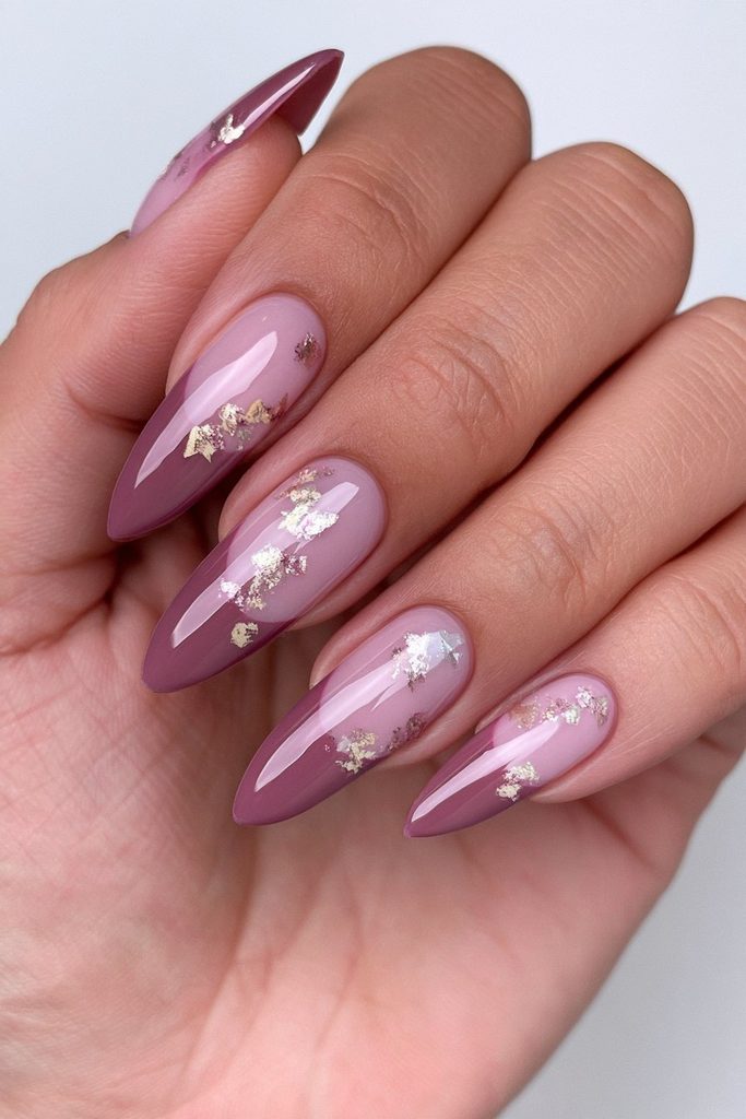 Cranberry nails with gold foil accents
