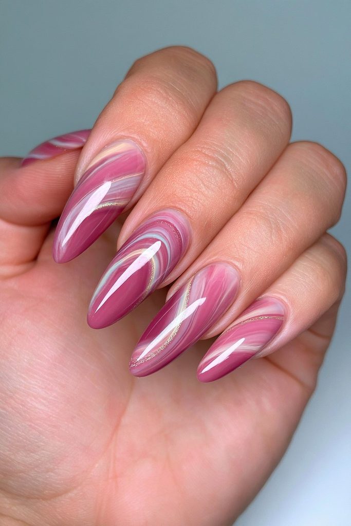 Elegant cranberry marble swirl nails