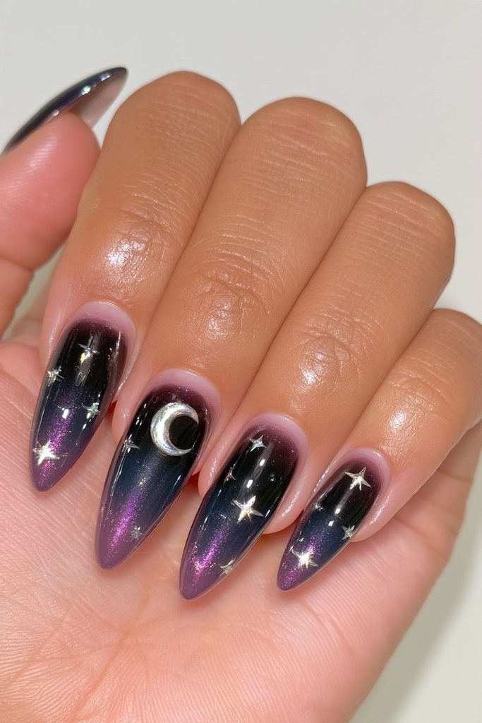 Crescent moon star almond nails