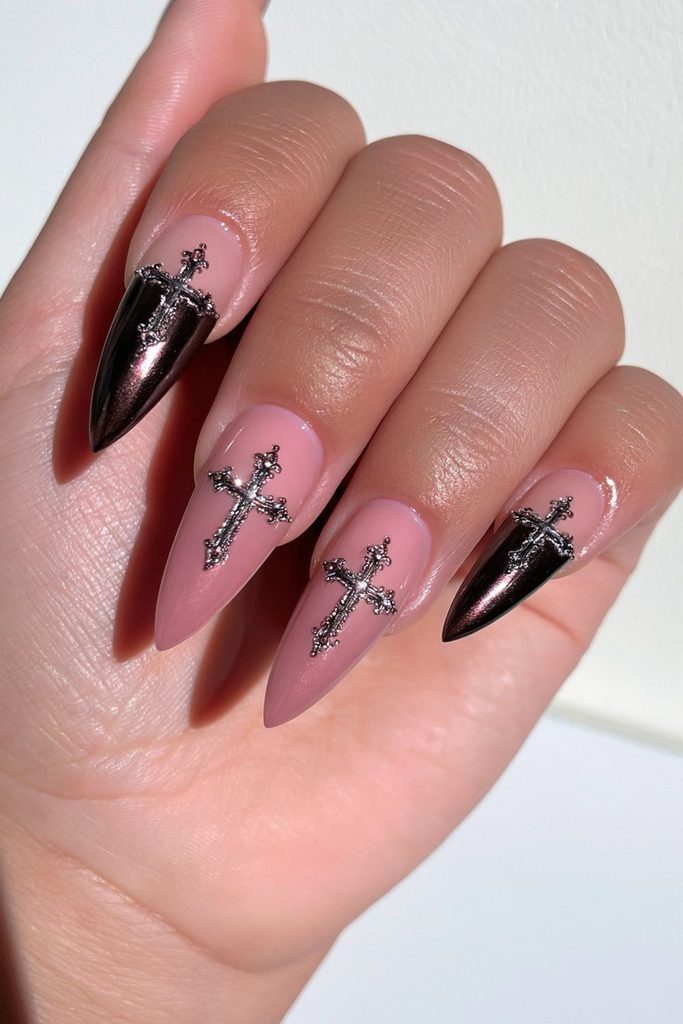 Cross motif accent almond nails