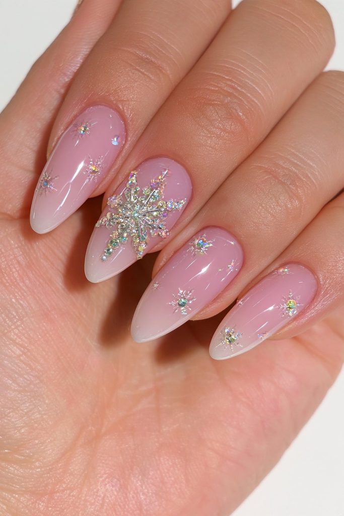 20 Glamorous Snowflake Nail Ideas to Sparkle Through Winter 17 Crystal-encrusted statement snowflake nail