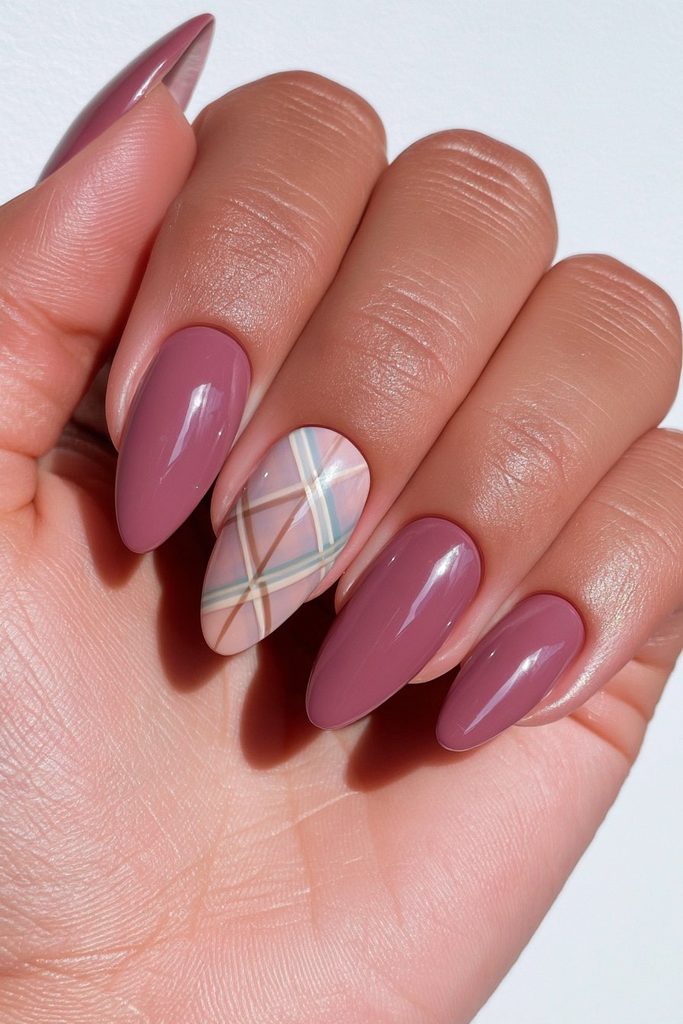Dark academia plaid almond nails