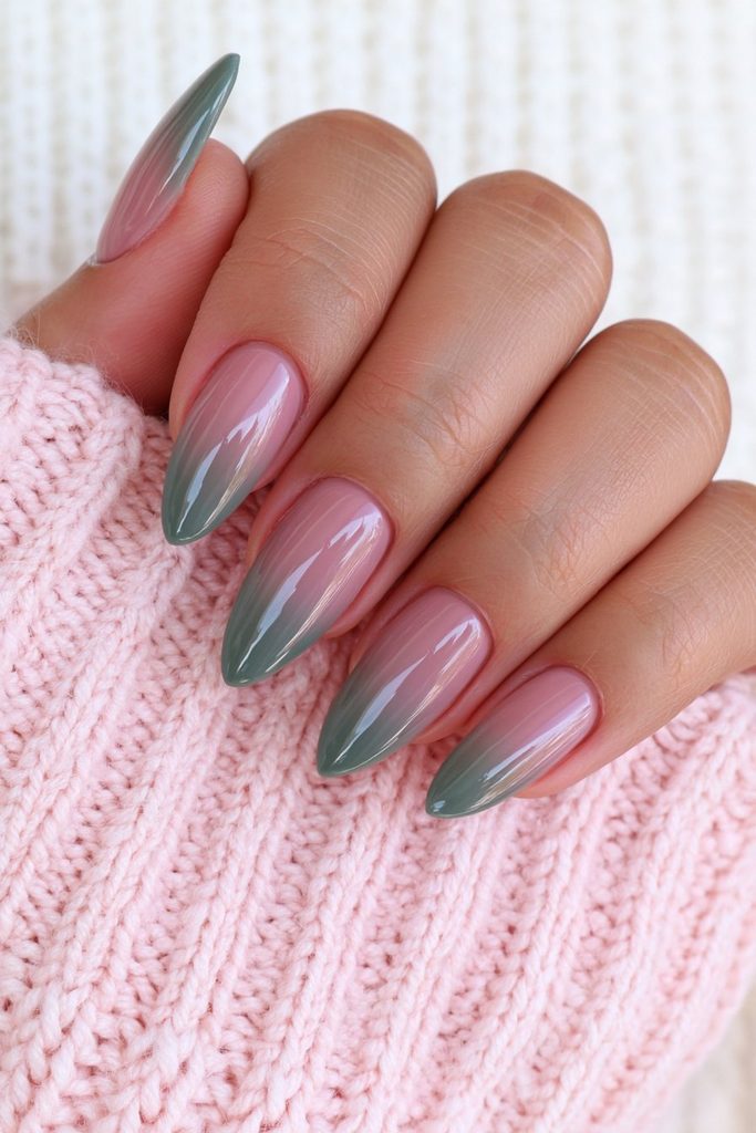 Deep forest green almond nails with elegant glossy finish