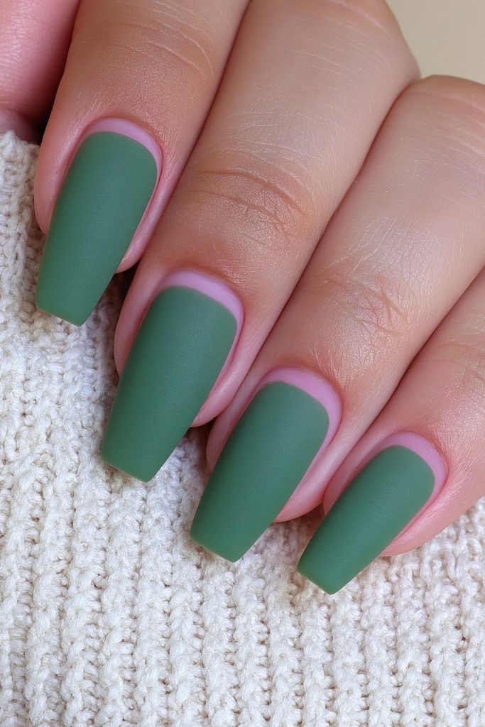 Deep green matte nails with velvety sophisticated autumn finish