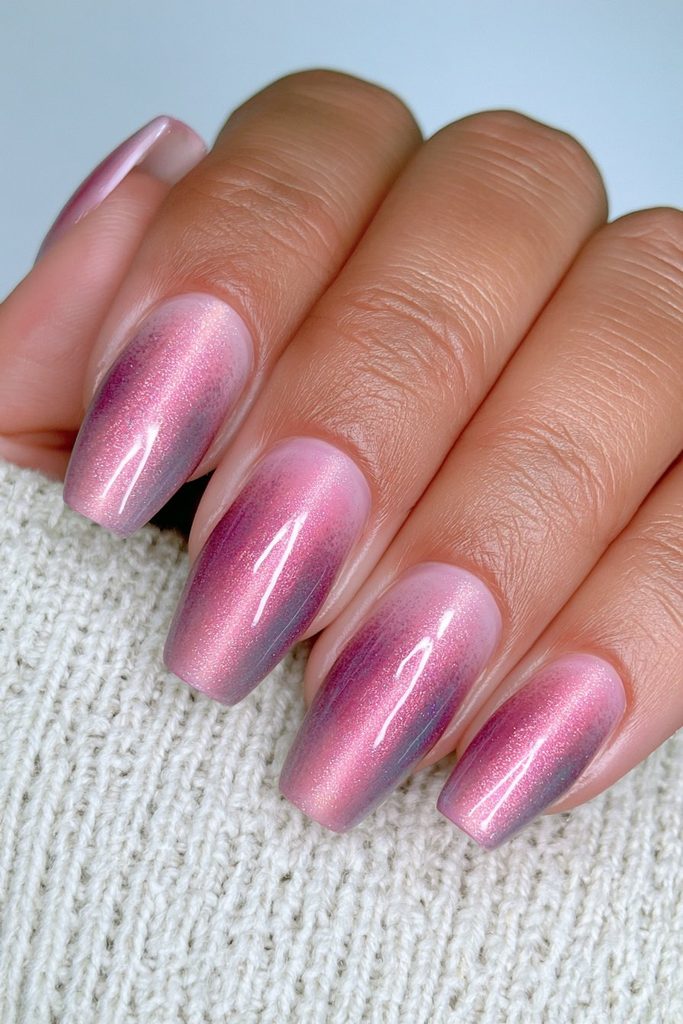 Deep plum cat-eye nails with rich mysterious magnetic shine