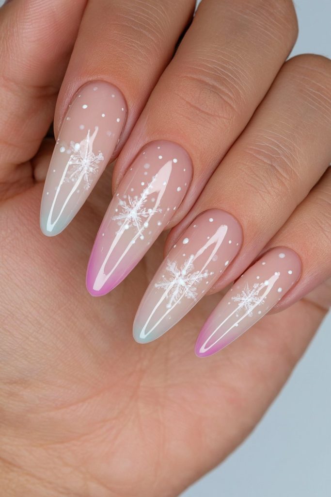 Dotted snowflake nails featuring delicate dots and intricate patterns