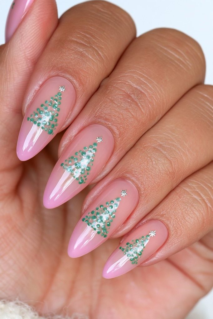 Dotted Christmas tree nude nails