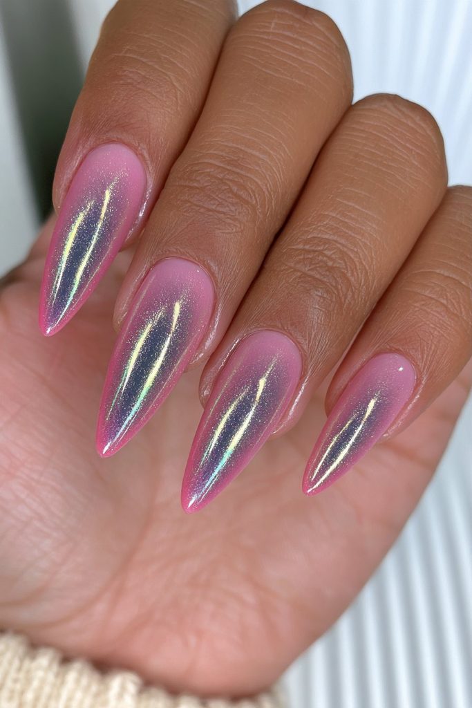 Purple-green duochrome almond nails
