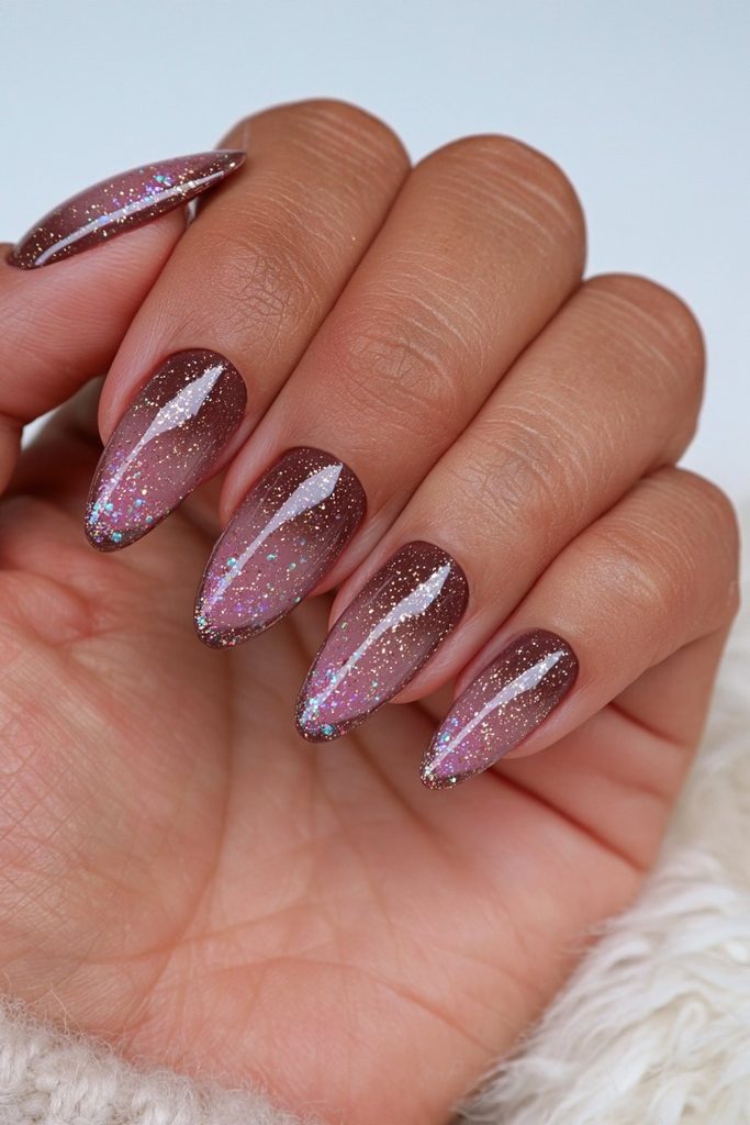 Espresso nails with gold sparkle