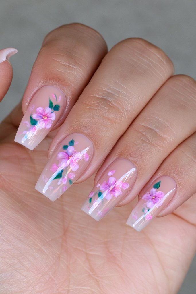 Elegant coffin nails decorated with delicate colorful floral details