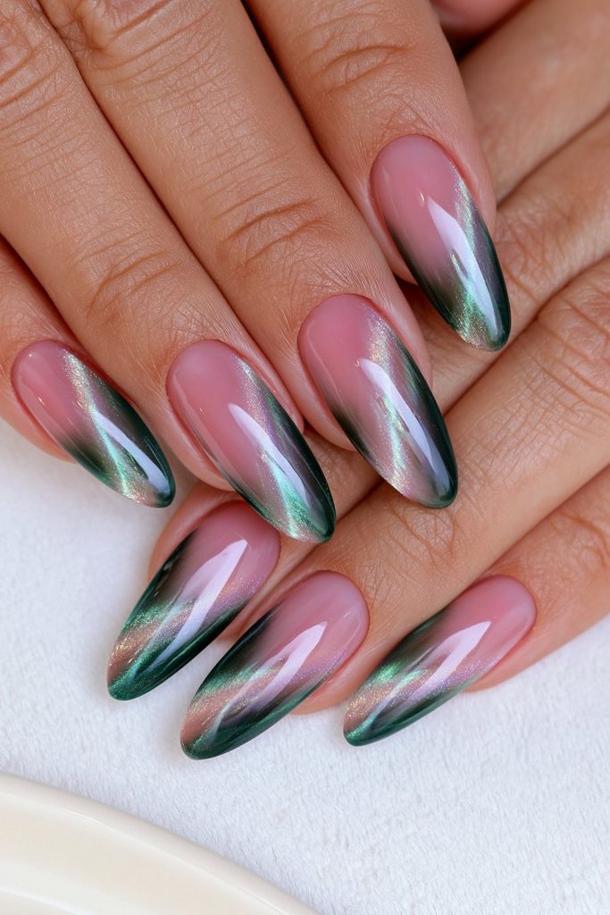 Forest green cat-eye nails with glowing dimensional magnetic shimmer