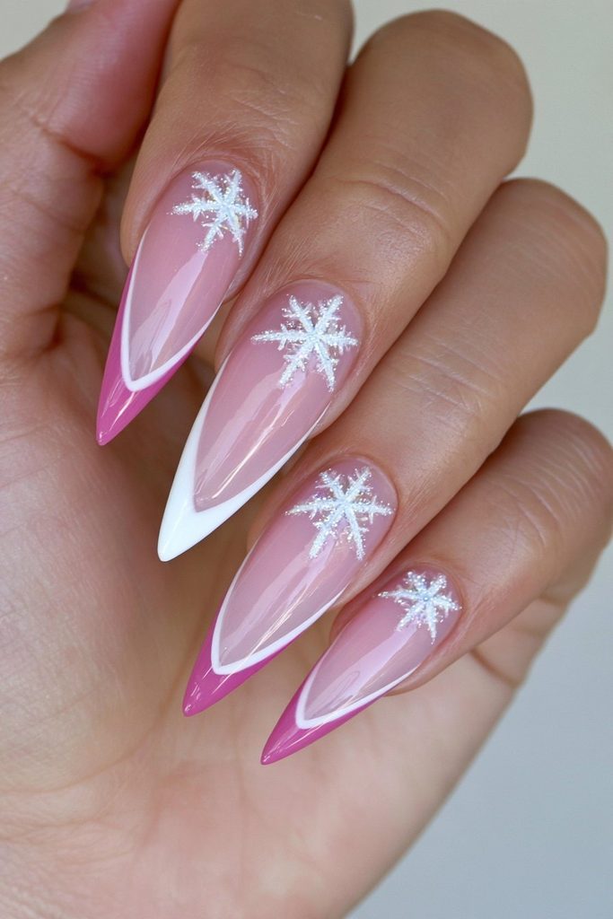 French tip nails featuring delicate snowflake accent nail art