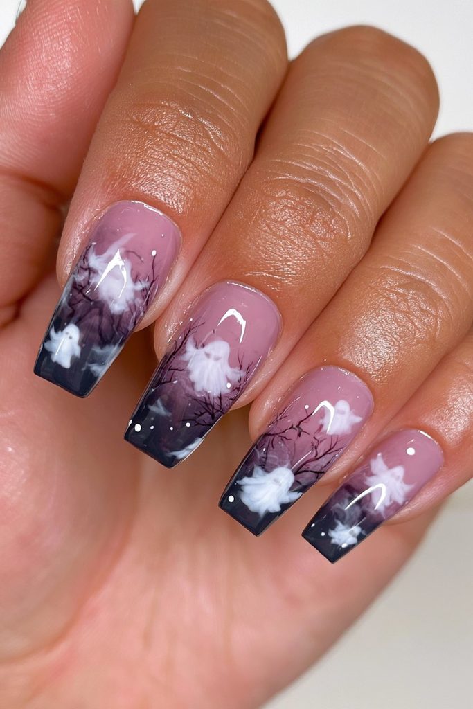 Haunted ghost silhouette scene on coffin nails