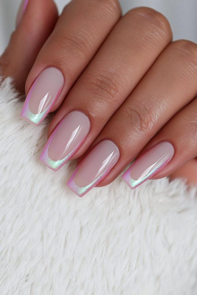 Glazed donut coffin nails with soft pearly reflective shine