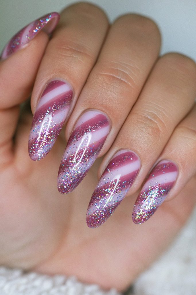20 Candy Cane Nail Designs for Easy, Festive DIY Manicures 7 Glitter-dipped candy cane stripes